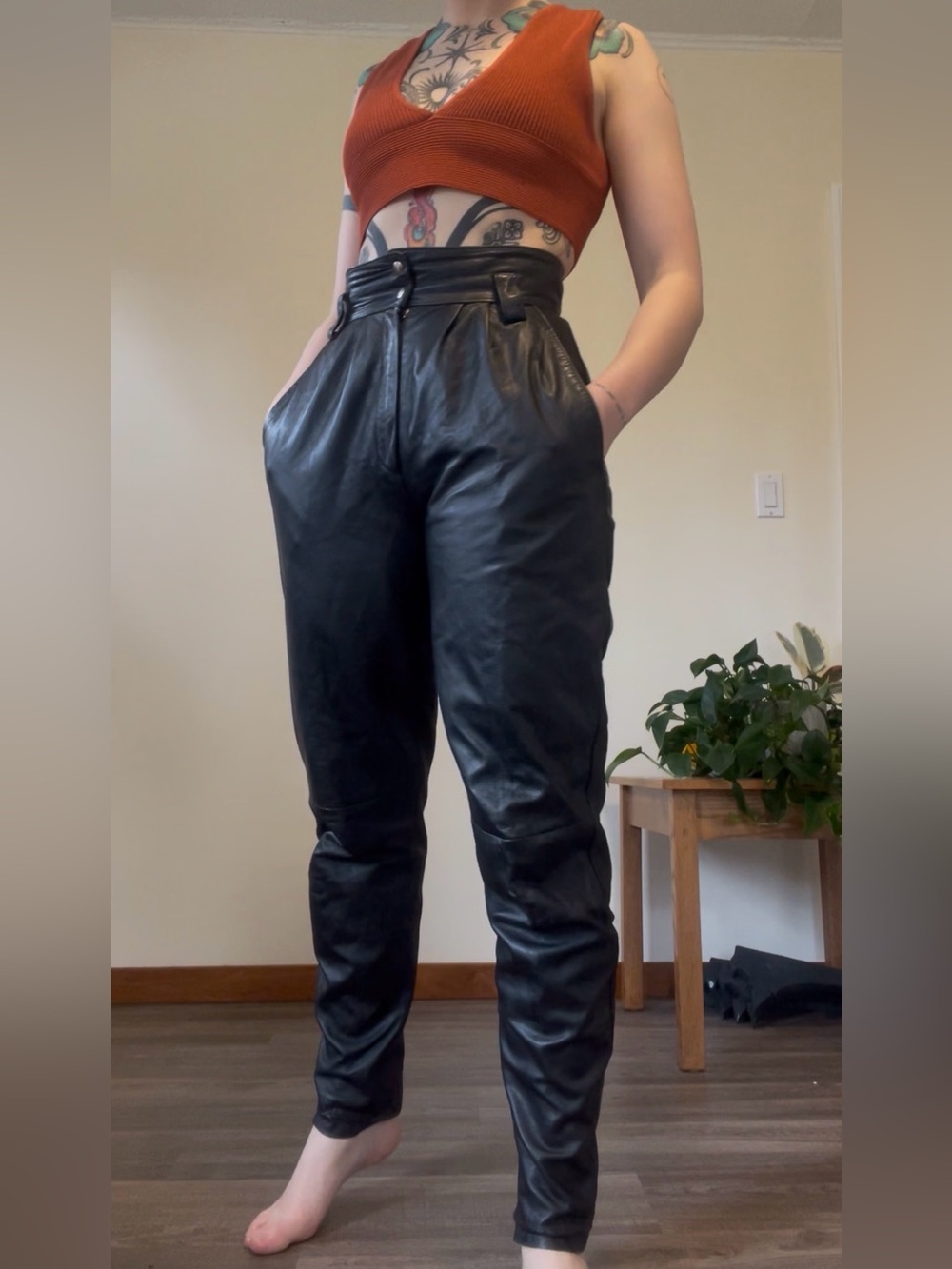 High-Waisted Black Genuine Leather Tapered Pants